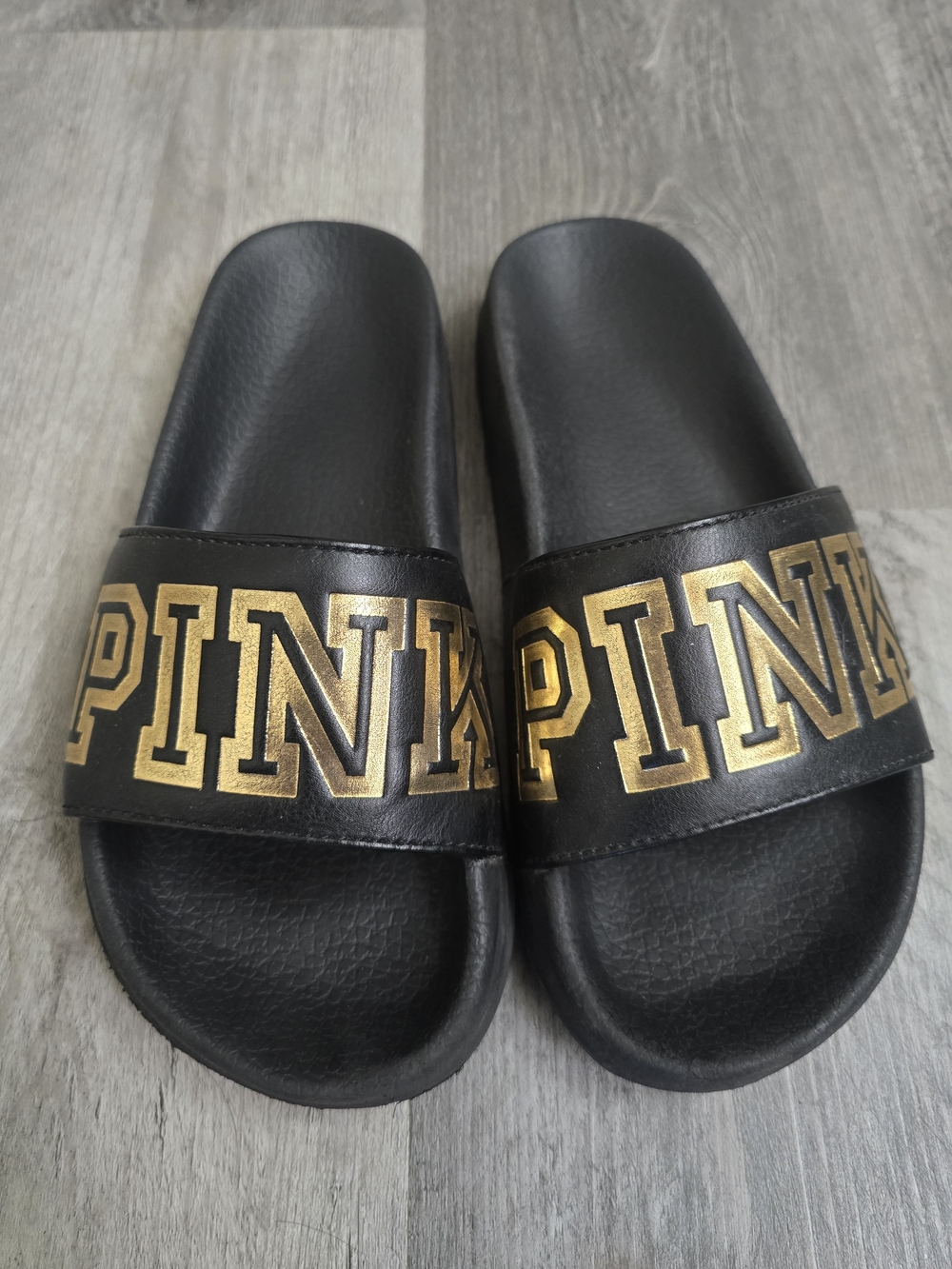 PINK Victoria's Secret Black Slide Sandals with Gold Logo - Womens Small (5-6)